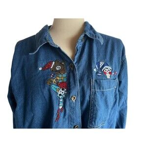 Vintage Women's Christmas ELF & Toys Long Sleeve Denim Jean Shirt Size XL Cotton